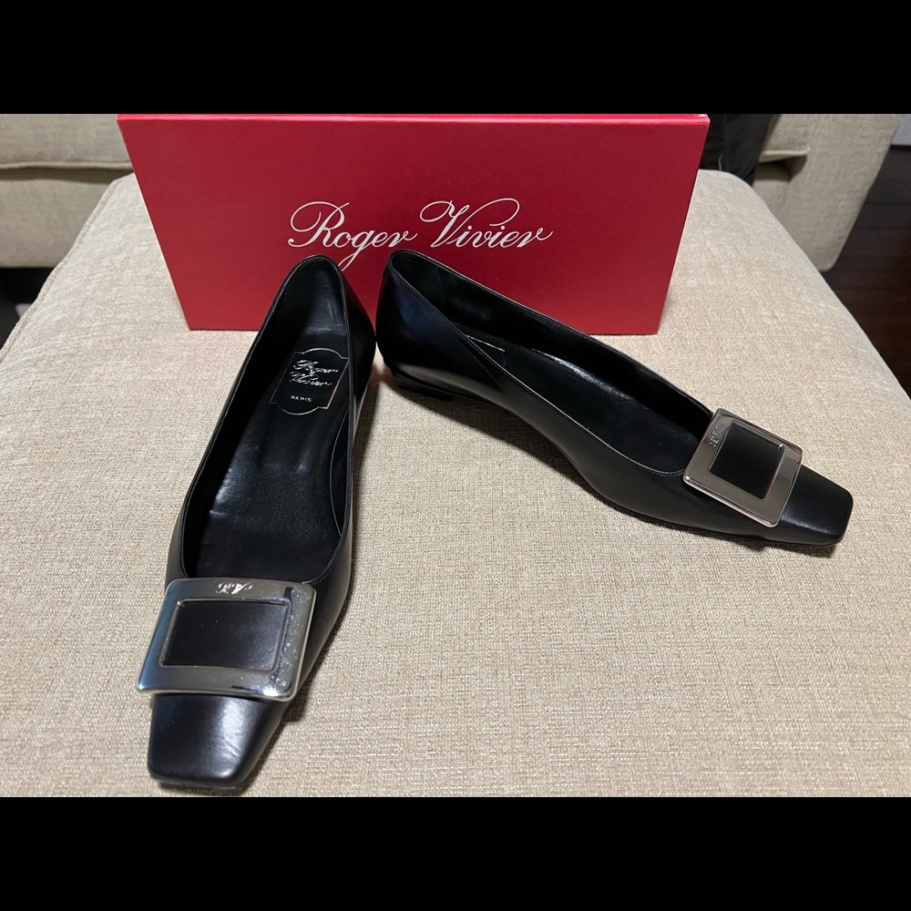 Roger Vivier Black Belle Square Toe Slip On Leather Flats, Size 9